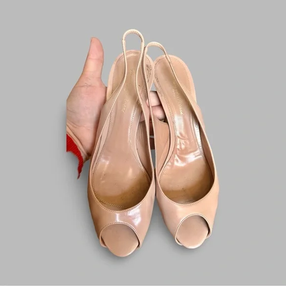 Vintage Patent Leather Peachy Tan Beige Peep Toe Slingback Pinup Pumps Size 9 - Picture 7 of 13